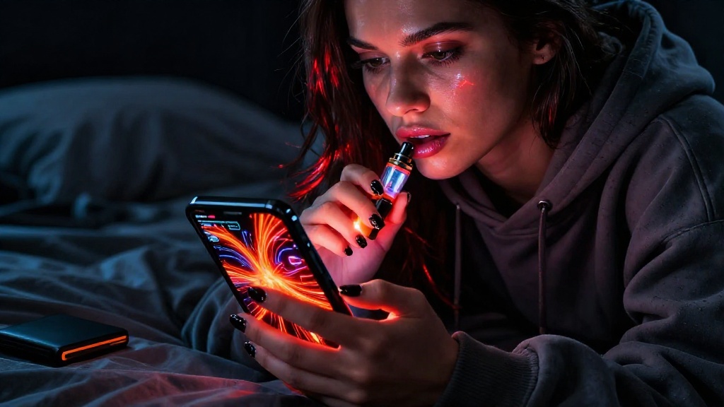 Молодая женщина выбирает кошелек для USDT на смартфоне с неоновым свечением в стиле TRON