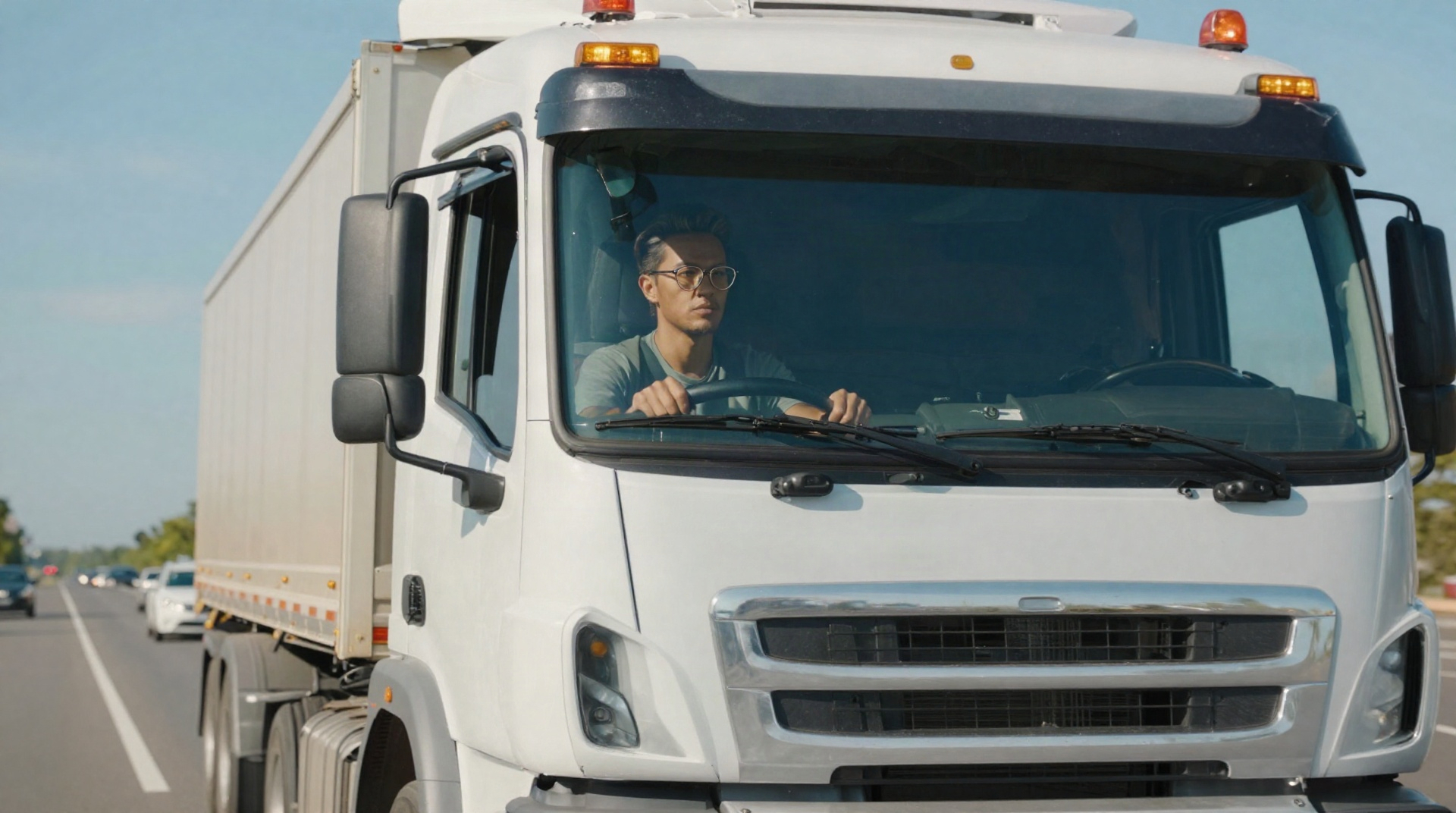 Грузовик на обочине трассы с включенной аварийной сигнализацией, водитель в кабине оценивает обстановку
